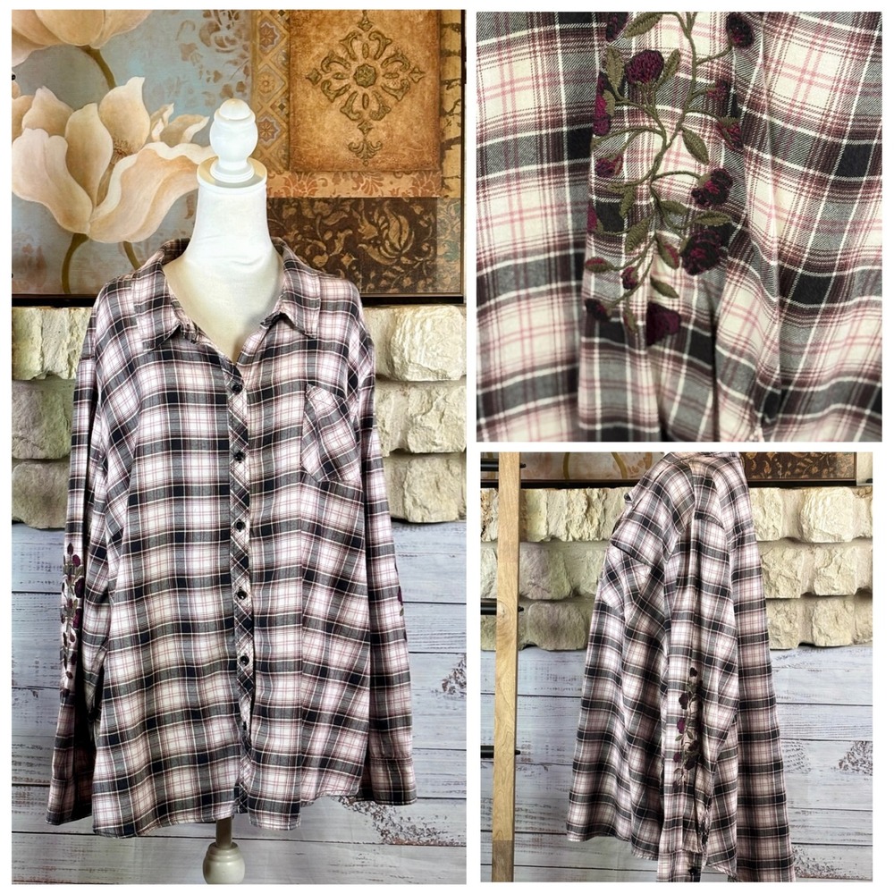 Terra & Sky Plaid Flannel Floral Embroidery Shirt 3X Rose Glitz Combo